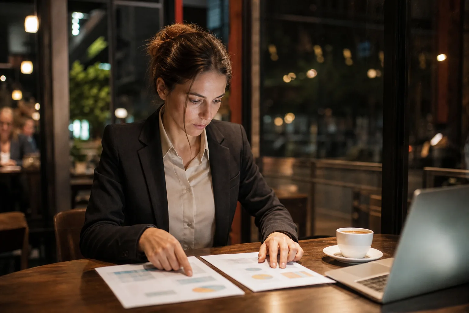 Adult woman in a cafe comparing two printed documents with a laptop open beside her