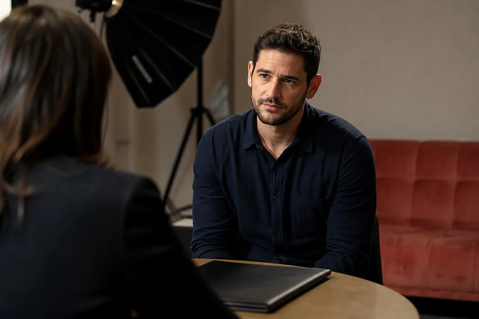 Adult man in a navy shirt in a casting room chair listening to a producer across the table