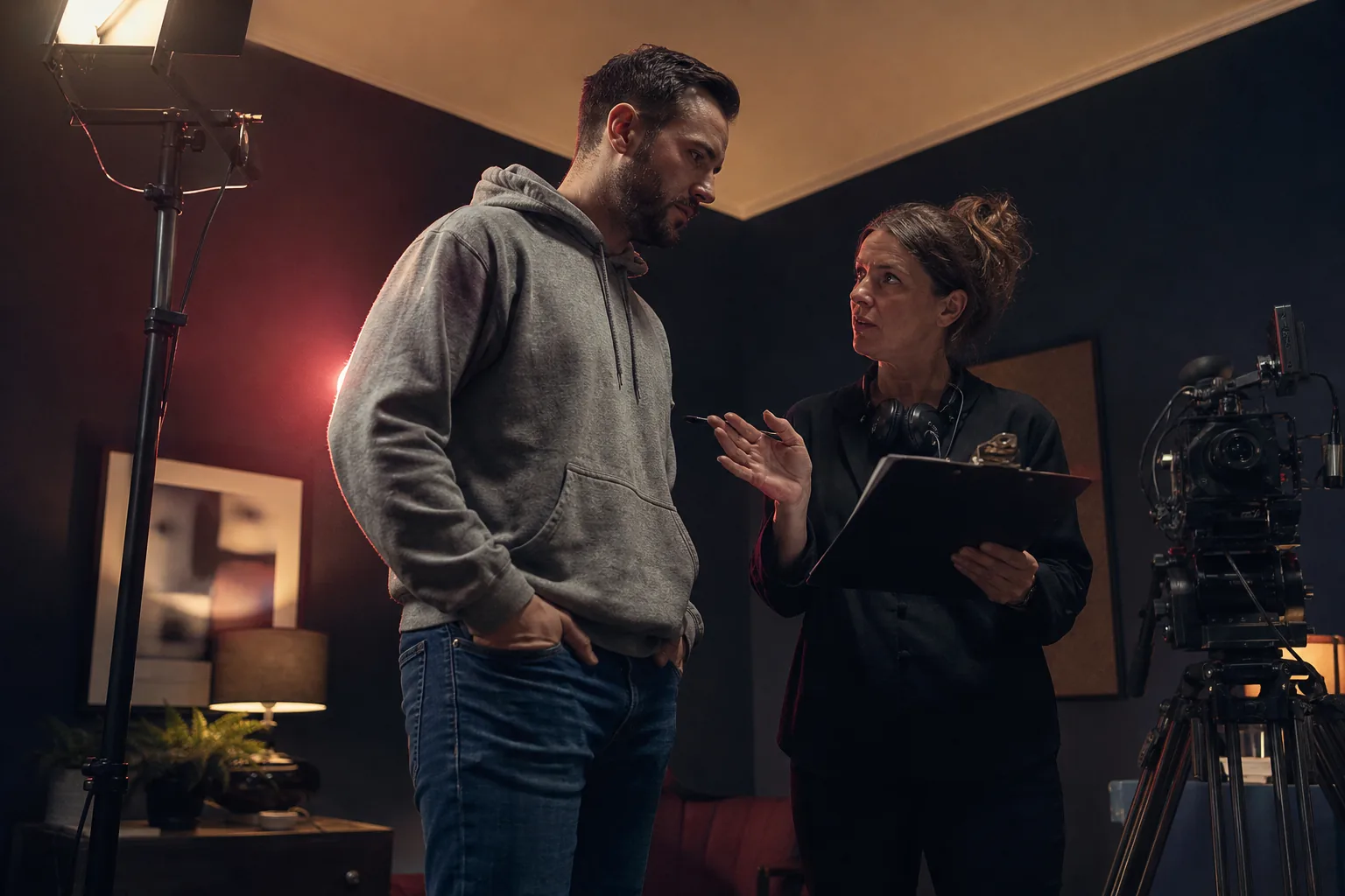 Adult man in a grey hoodie listening to a crew member with a clipboard next to a lighting stand on a film set