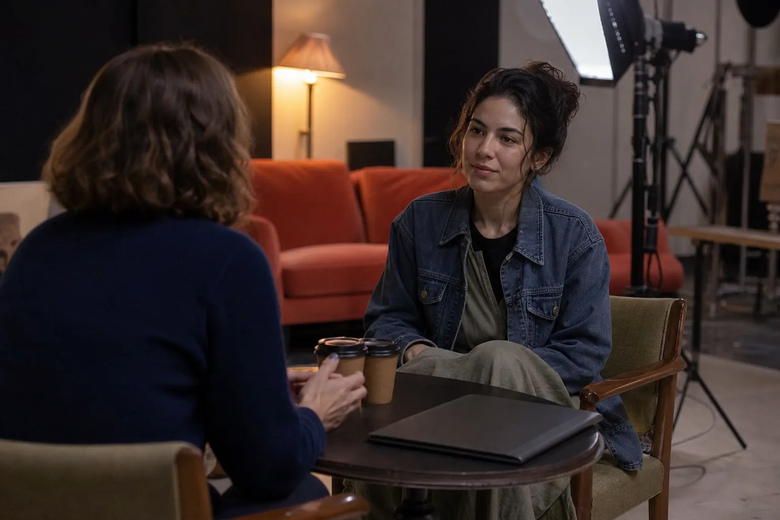 Producer in a navy sweater talking with a dressed adult woman across a small table in a dim film studio lounge, coffee cups and a closed folder between them