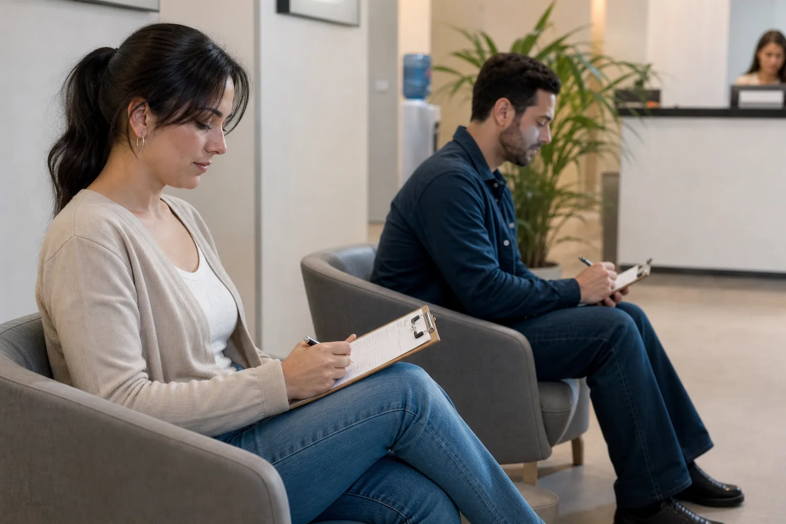Adult man and woman sitting in a bright clinic waiting room holding paper forms