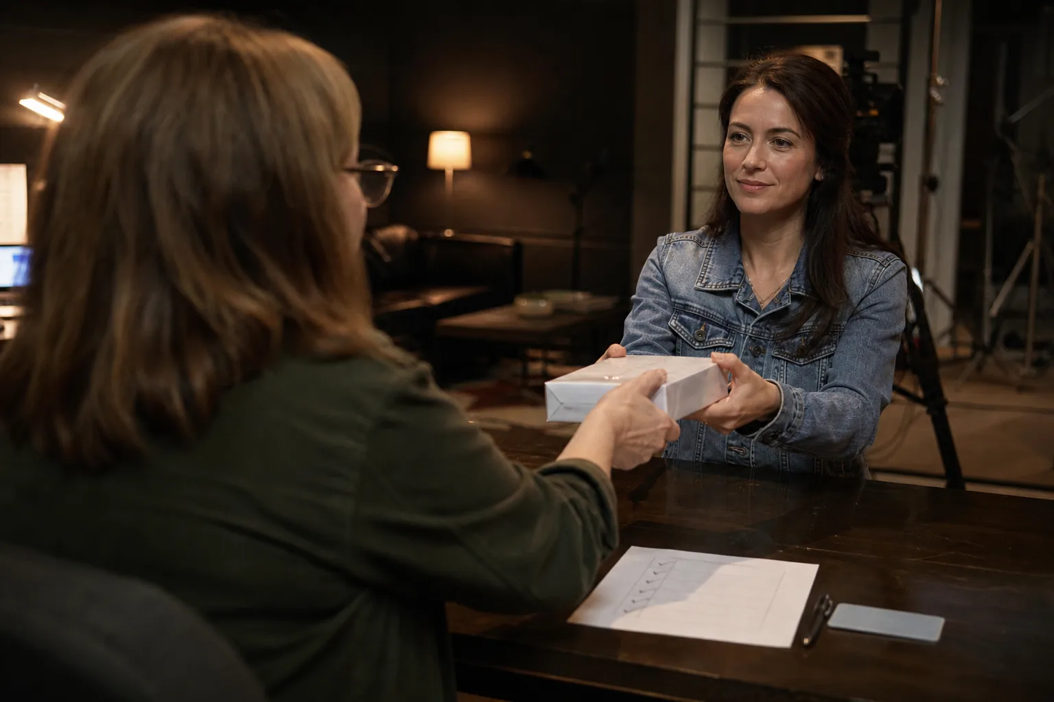 Production manager in her forties handing a sealed test kit box to a dressed woman in her thirties across a studio table