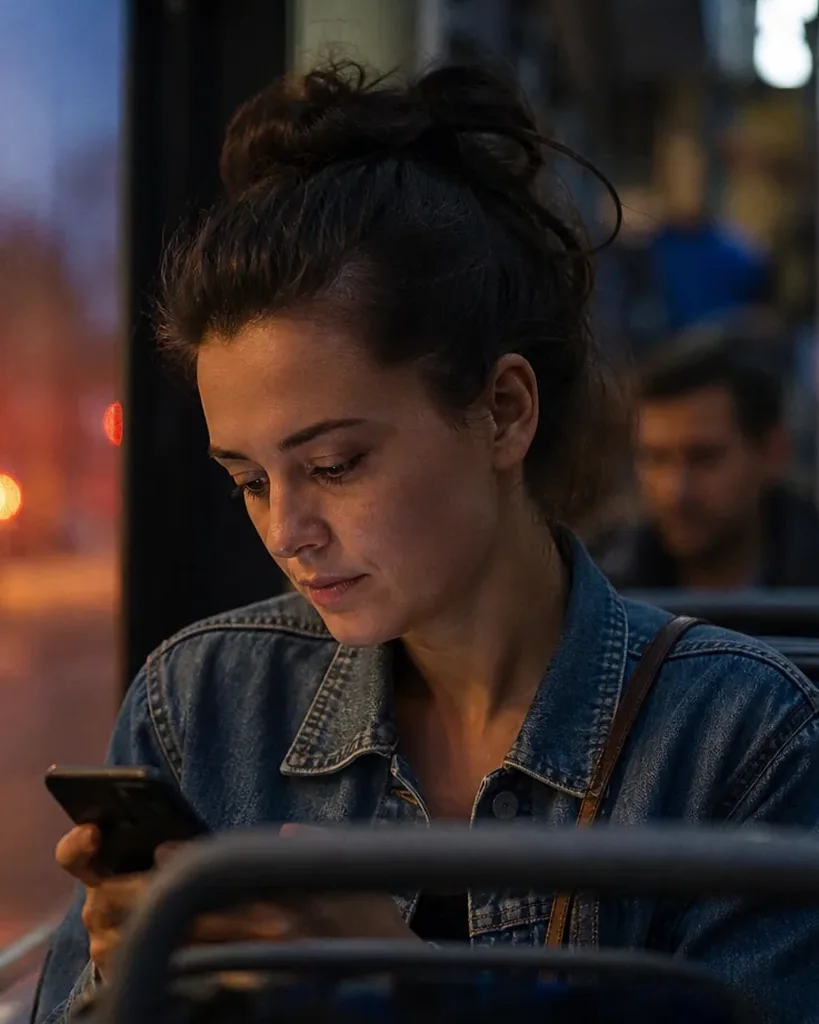 Adult woman in a long coral evening dress taking a phone selfie on a rooftop terrace at golden hour