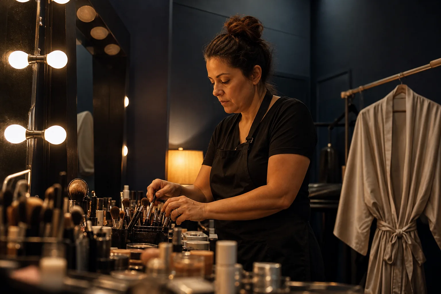 Makeup artist in her forties arranging brushes at a bulb-framed mirror in a studio dressing room