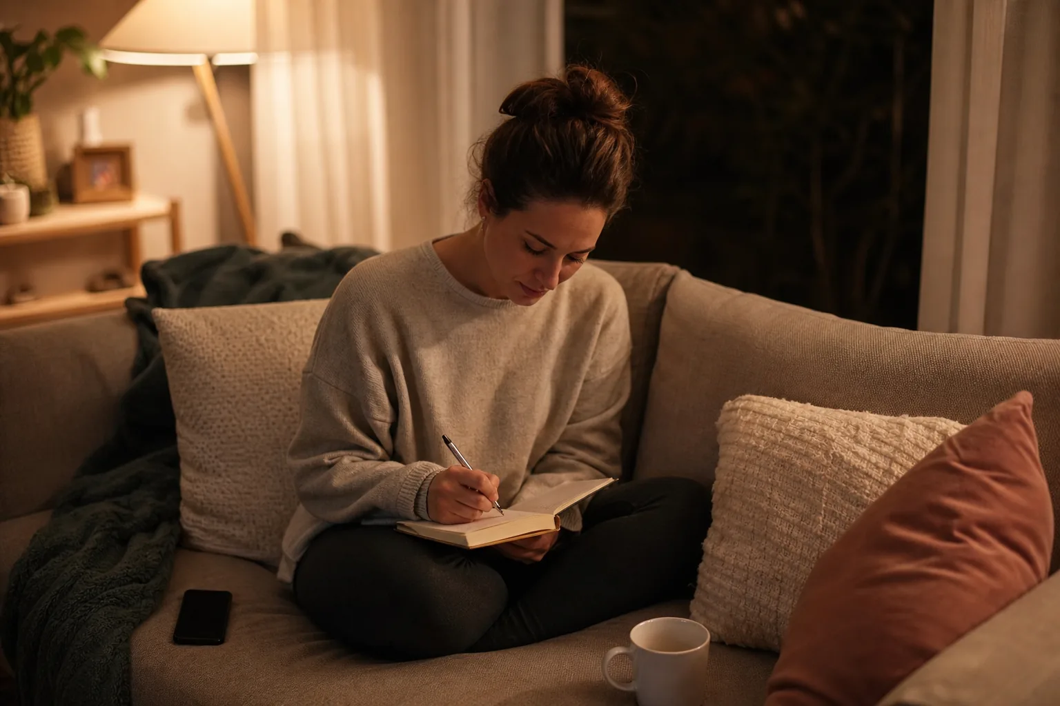 Adult woman on a couch at home writing a list in a notebook, legs tucked under her, lamp light