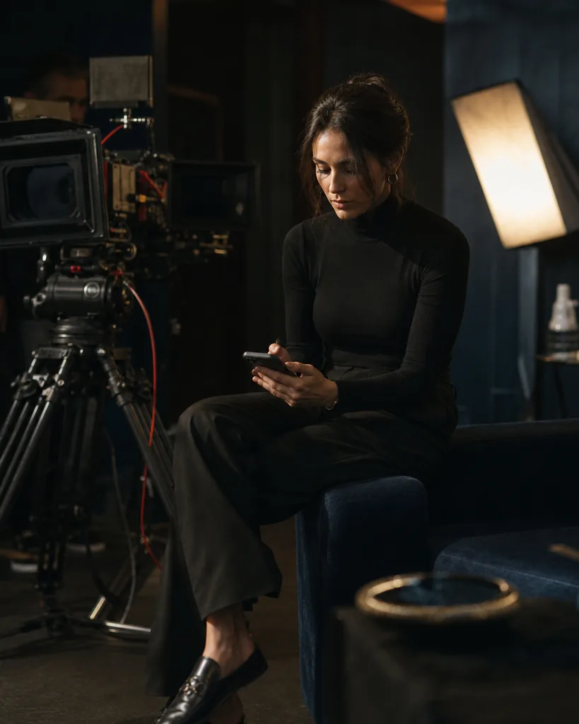 Adult woman in a black turtleneck sitting on a velvet couch on a warm film set, checking her phone