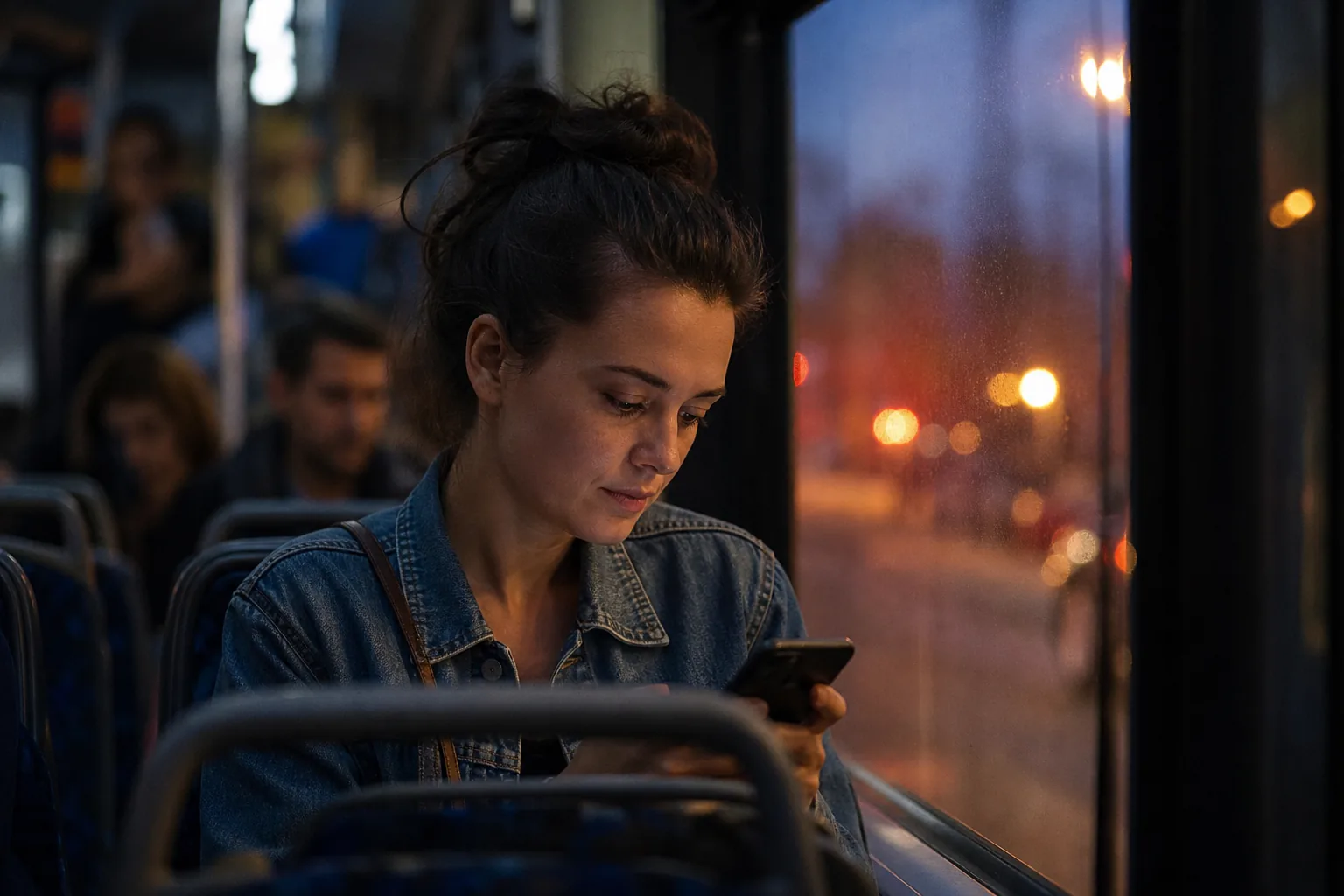 Adult woman in a denim jacket reading a casting invitation on her phone on a city bus at dusk