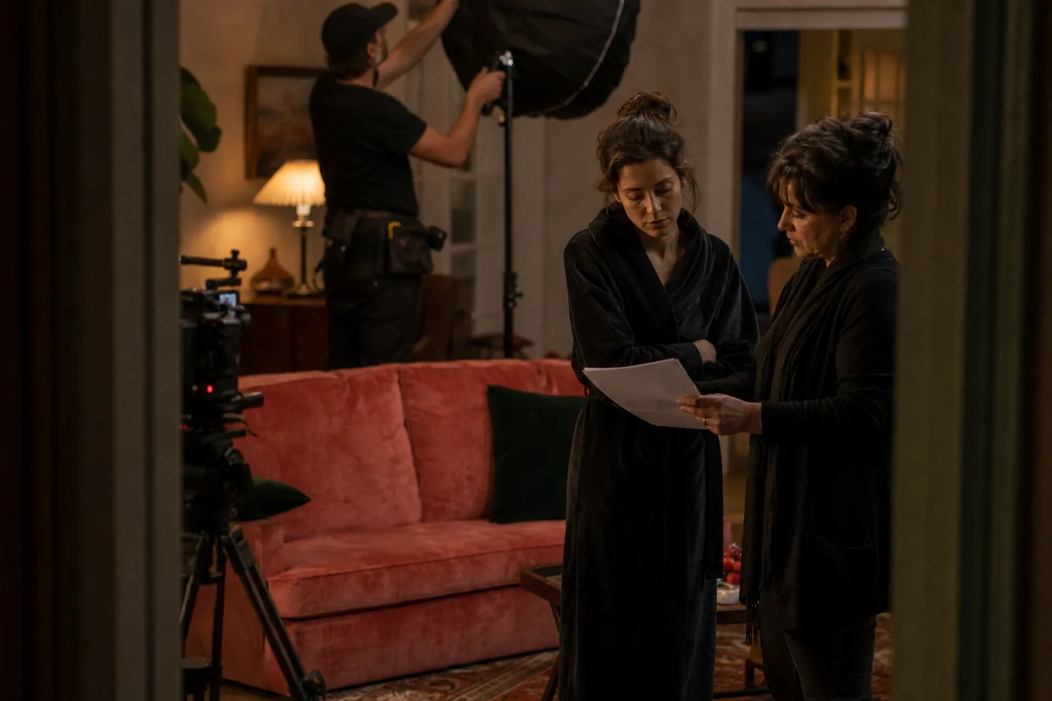 Crew member adjusting a softbox while a woman in a robe talks with a coordinator on a quiet film set before the first scene