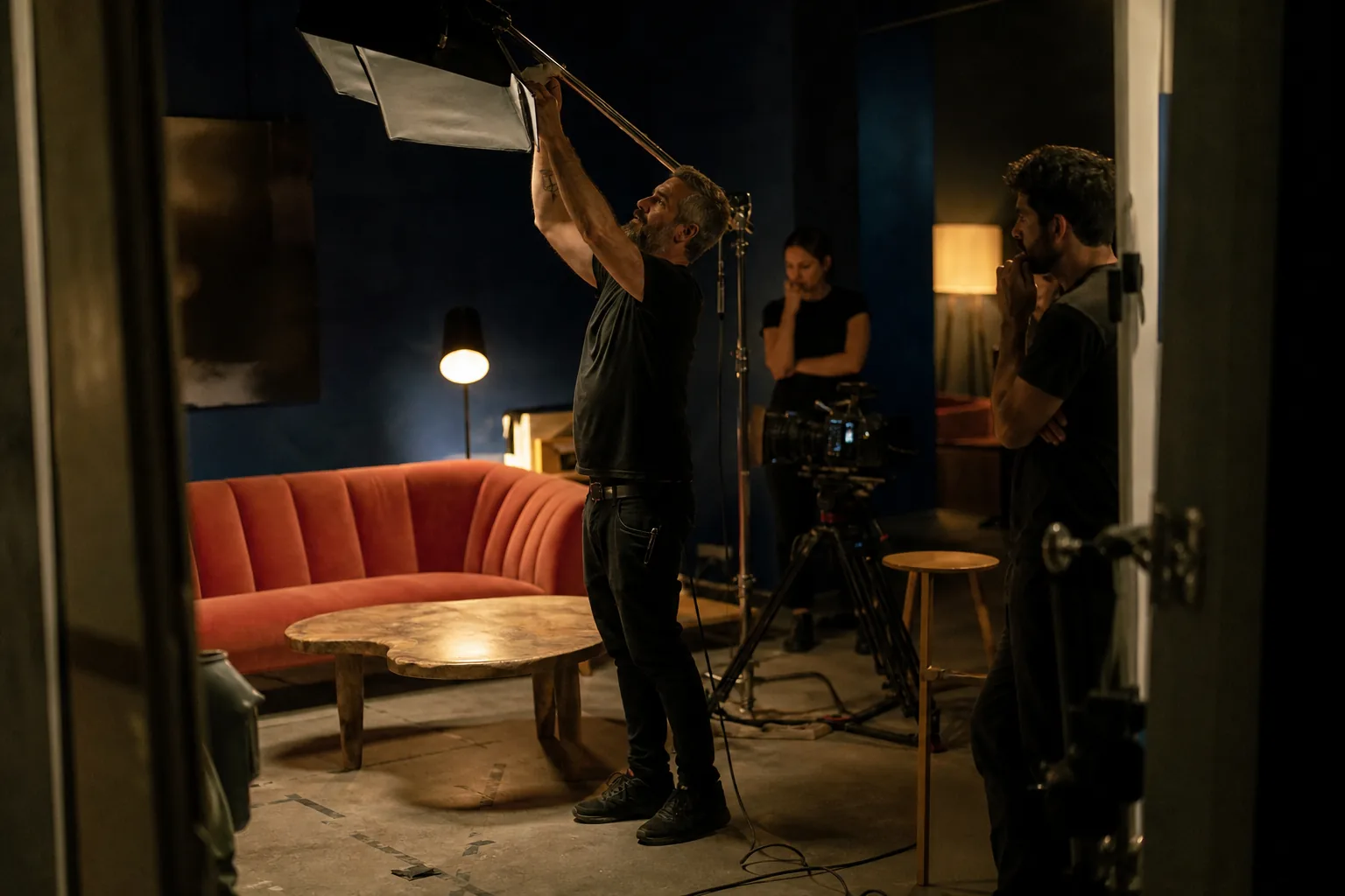 Gaffer in his forties adjusting a softbox over a coral velvet couch on a small film set at night