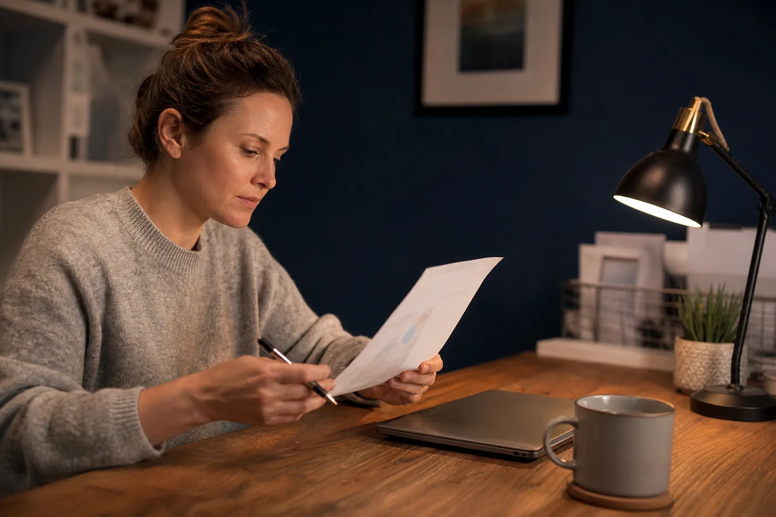 Adult woman in her thirties at a desk at home reviewing a printed payment statement next to a laptop and a mug