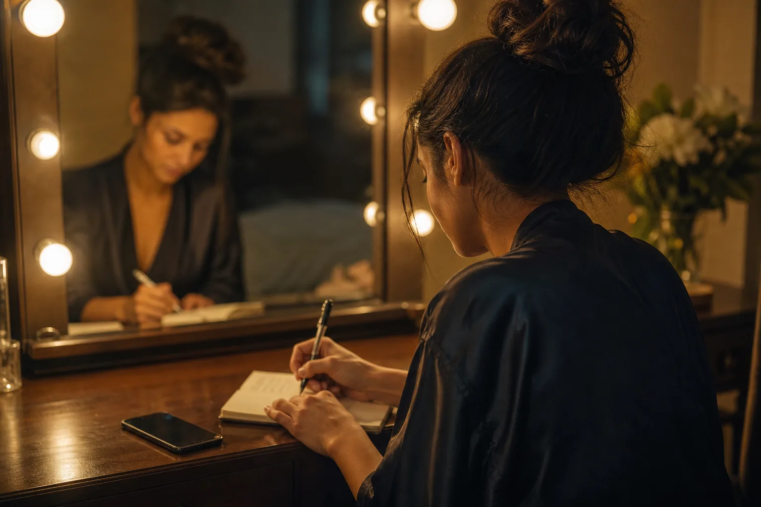 Adult woman in a robe at a vanity mirror writing name ideas in a small notebook