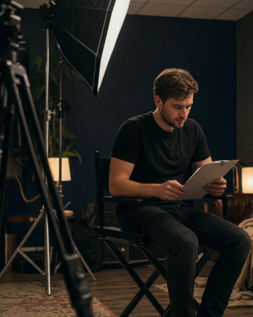 Adult man in a t-shirt reading a call sheet on a folding chair on a small film set