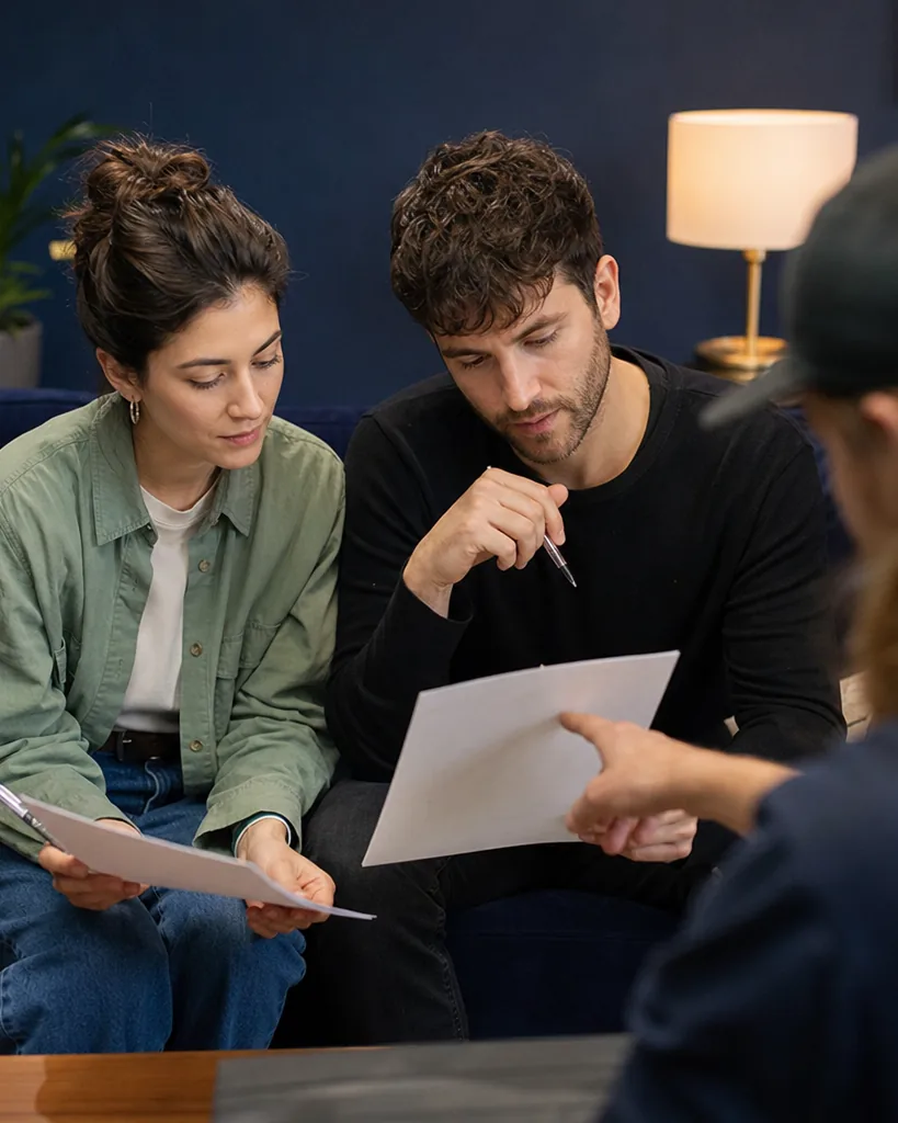 Adult couple fully dressed on a velvet couch each holding their own limits sheet