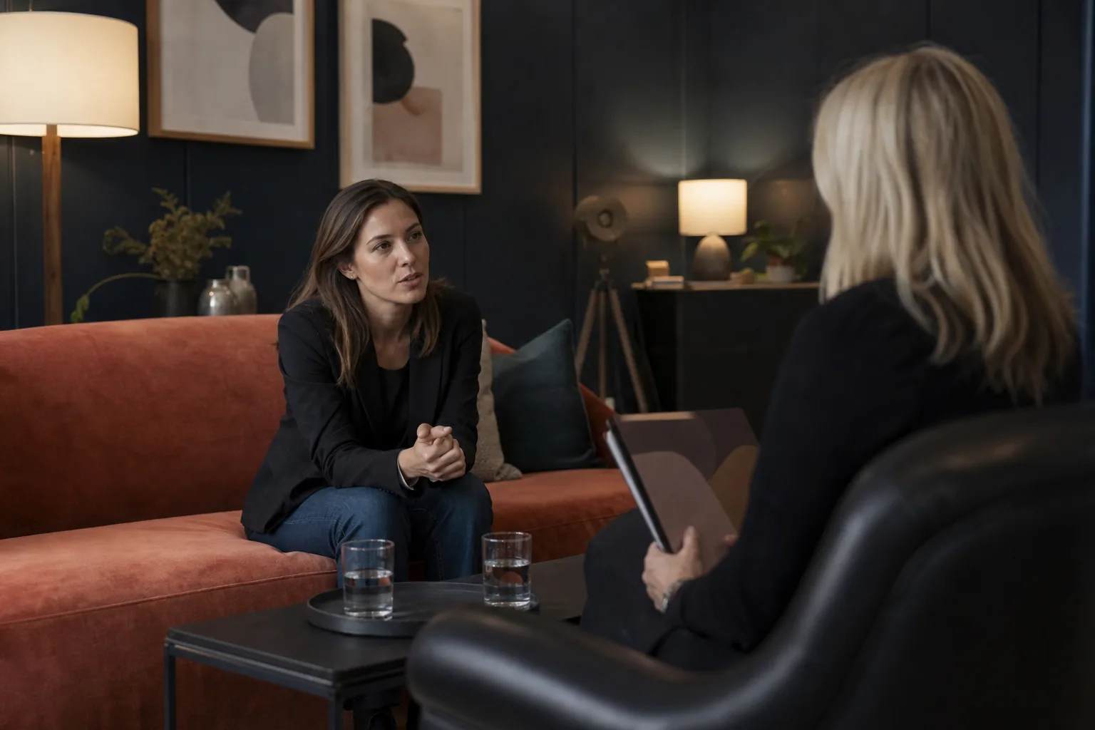 Adult woman in a black blazer on a coral sofa talking with a female producer holding a folder in a quiet studio lounge