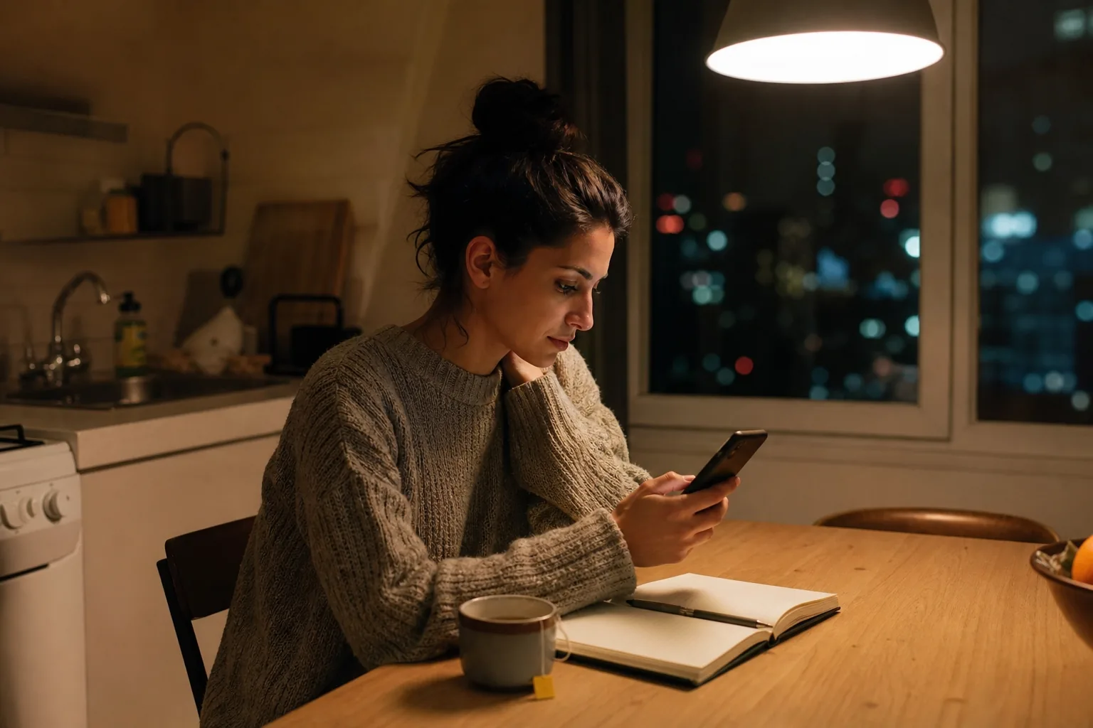 Adult woman at a kitchen table at night reading on her phone with a cup of tea and a notebook