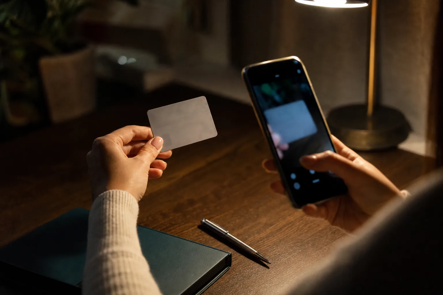 Hands holding a plastic photo ID card next to a phone camera on a desk, ready to take a verification selfie