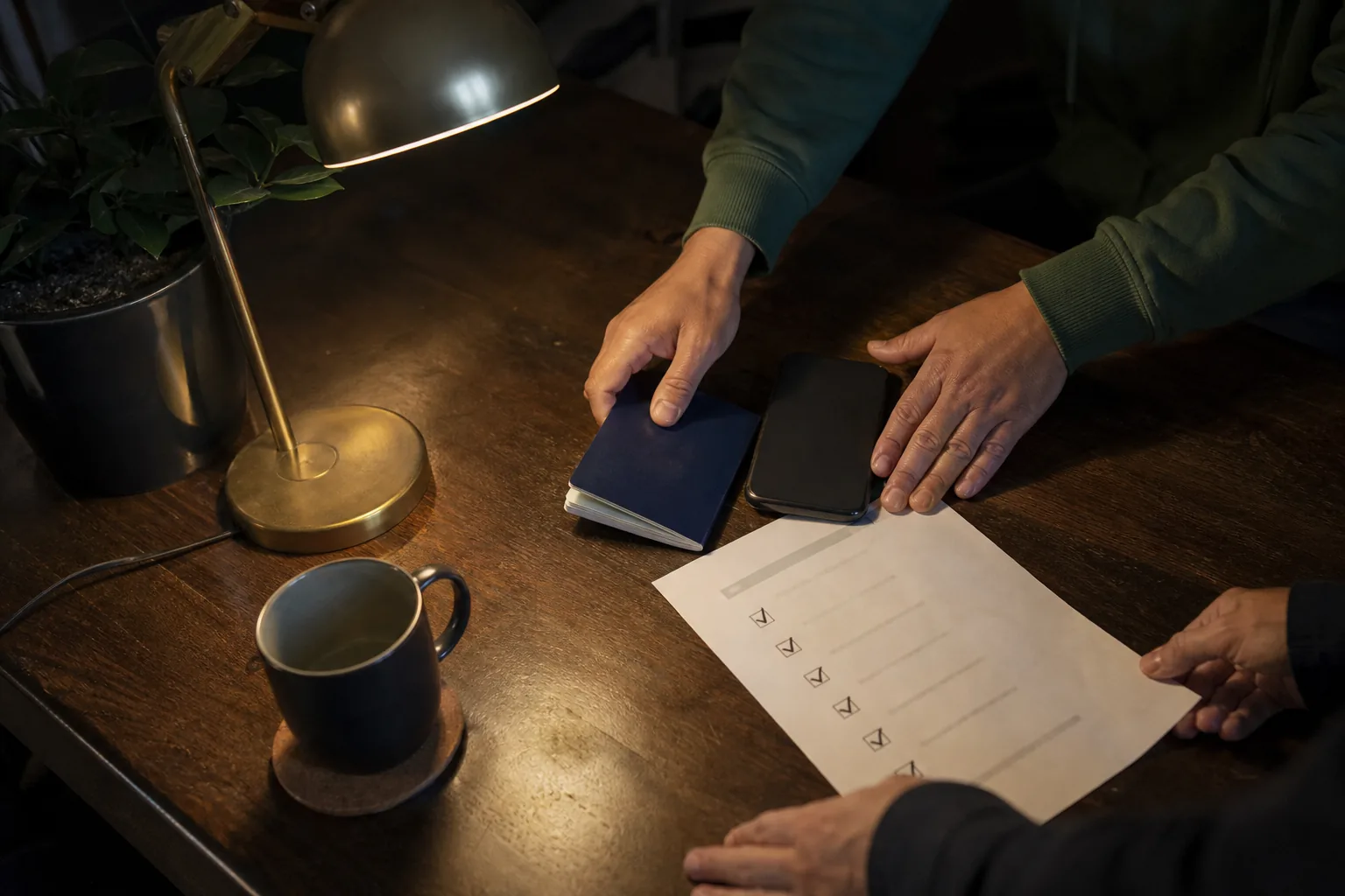 Hands placing a passport, a phone and a printed checklist on a dark wooden table in a studio office