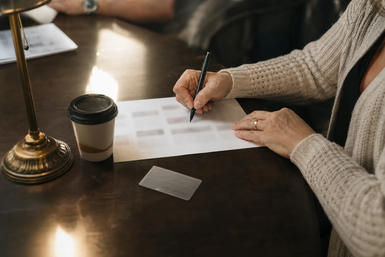 Hands of a woman in her thirties writing on a rate sheet at a casting table with a photo ID card and coffee