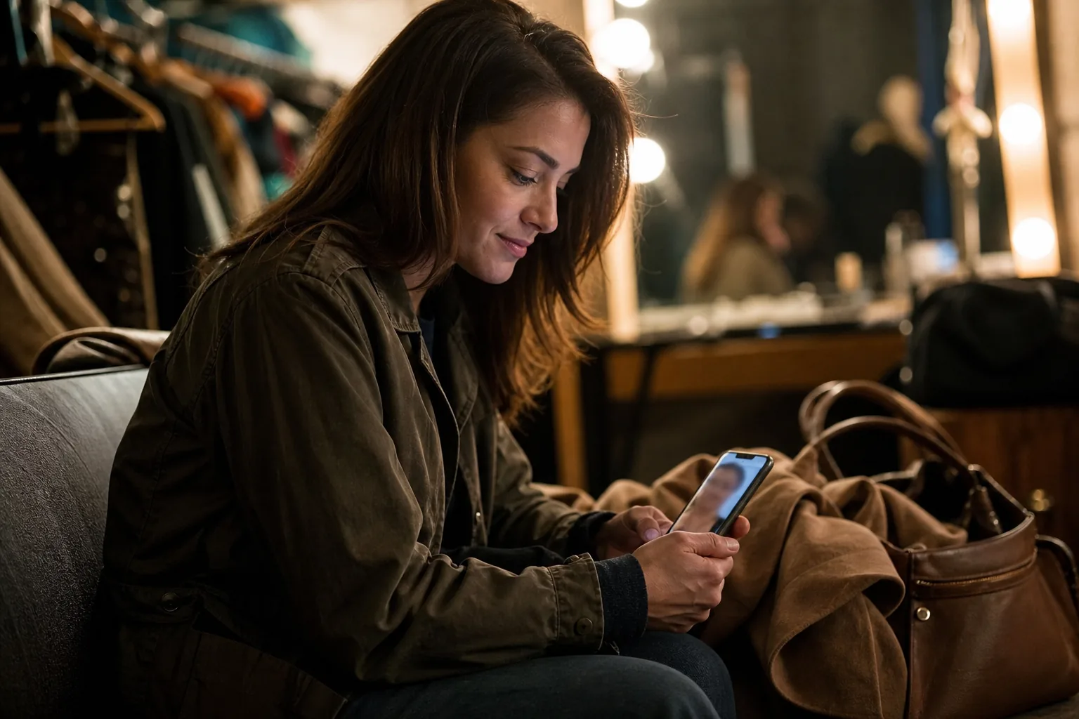 Adult woman in a dressing room checking her banking app on her phone after a shoot, coat and bag beside her